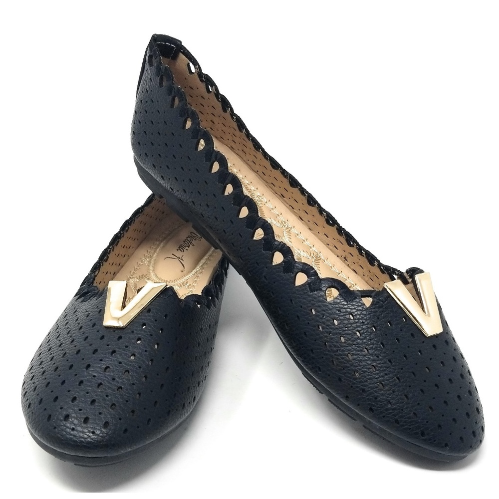 Women's Laser Cut Ballet Flats, B-2855, Black - Picture 1 of 5